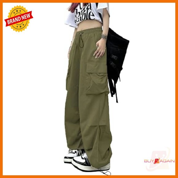 Women's Parachute Cargo Pants Baggy Loose Fit Multi-Pocket Y2K Style - Picture 4 of 8